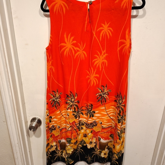 Tiki Palm Orange Embellished Tropical Print Sleeveless Midi Dress Sz L Beach - Picture 6 of 7